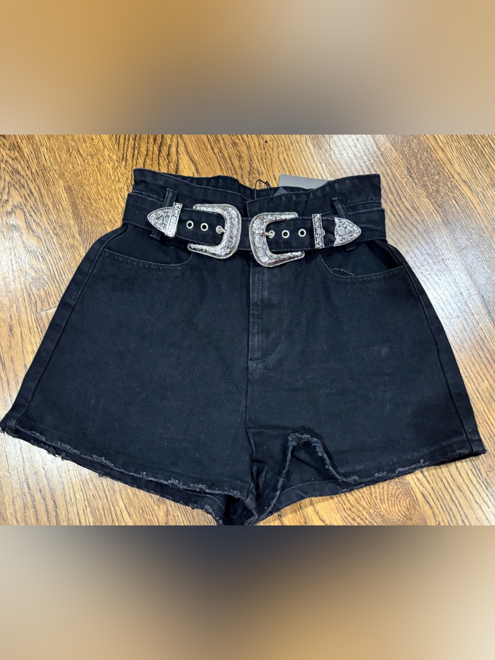Le Lis Black High-Waist Denim Shorts with Double Western Buckles NWT size medium